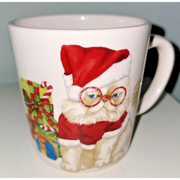 Pier 1 One Ironstone Christmas Holiday Grumpy Cat Kitty Coffee Cup Mug - Picture 1 of 7